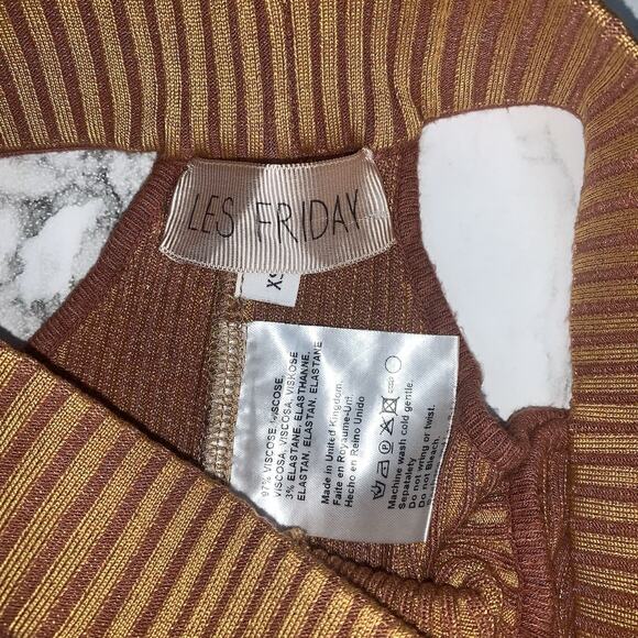 LES FRIDAY Ribbed Knit Waist Cut Out Bell Bottom Slit Pants Brown XS Stretch - Picture 10 of 10